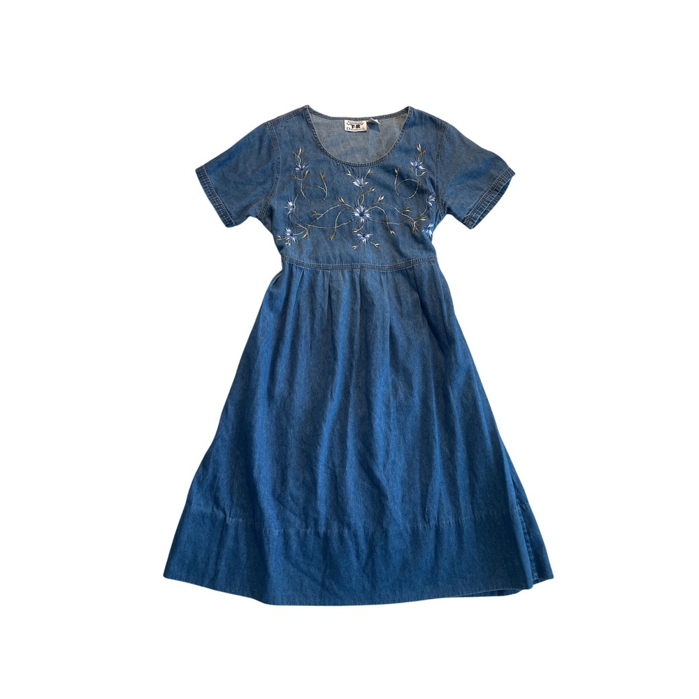 Vintage Blue Floral Embroidered Denim Midi Dress Tie Back Size S T&R Denims